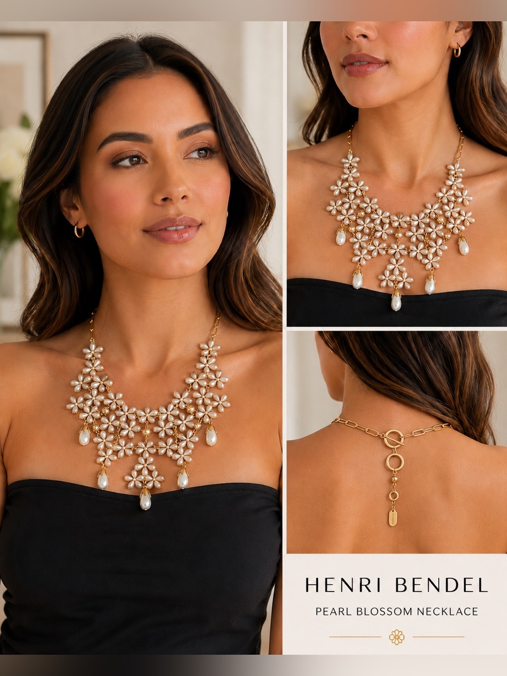 Henri Bendel Gold-Tone Pearl Blossom Statement Necklace | Floral Bib Necklace
